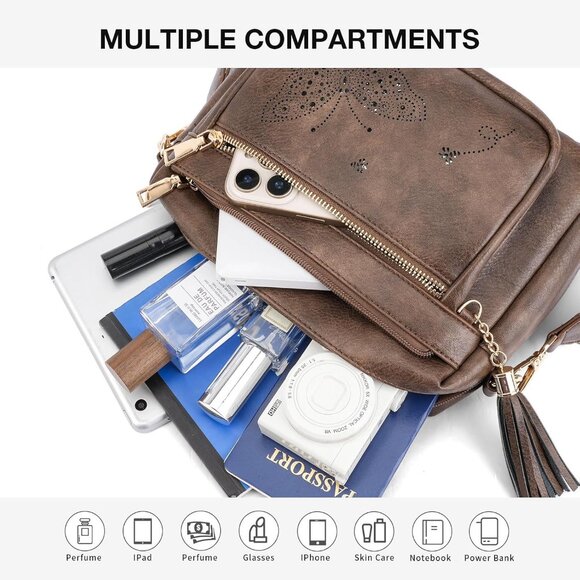 Women’s 06-coffee Leather Purse Crossbody Bag Handbags Butterfly Design - Picture 3 of 6